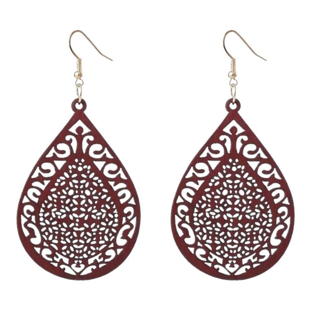 Maroon Wood Carved pattern droplet shaped Dangle, Earrings retro Ethnic Style